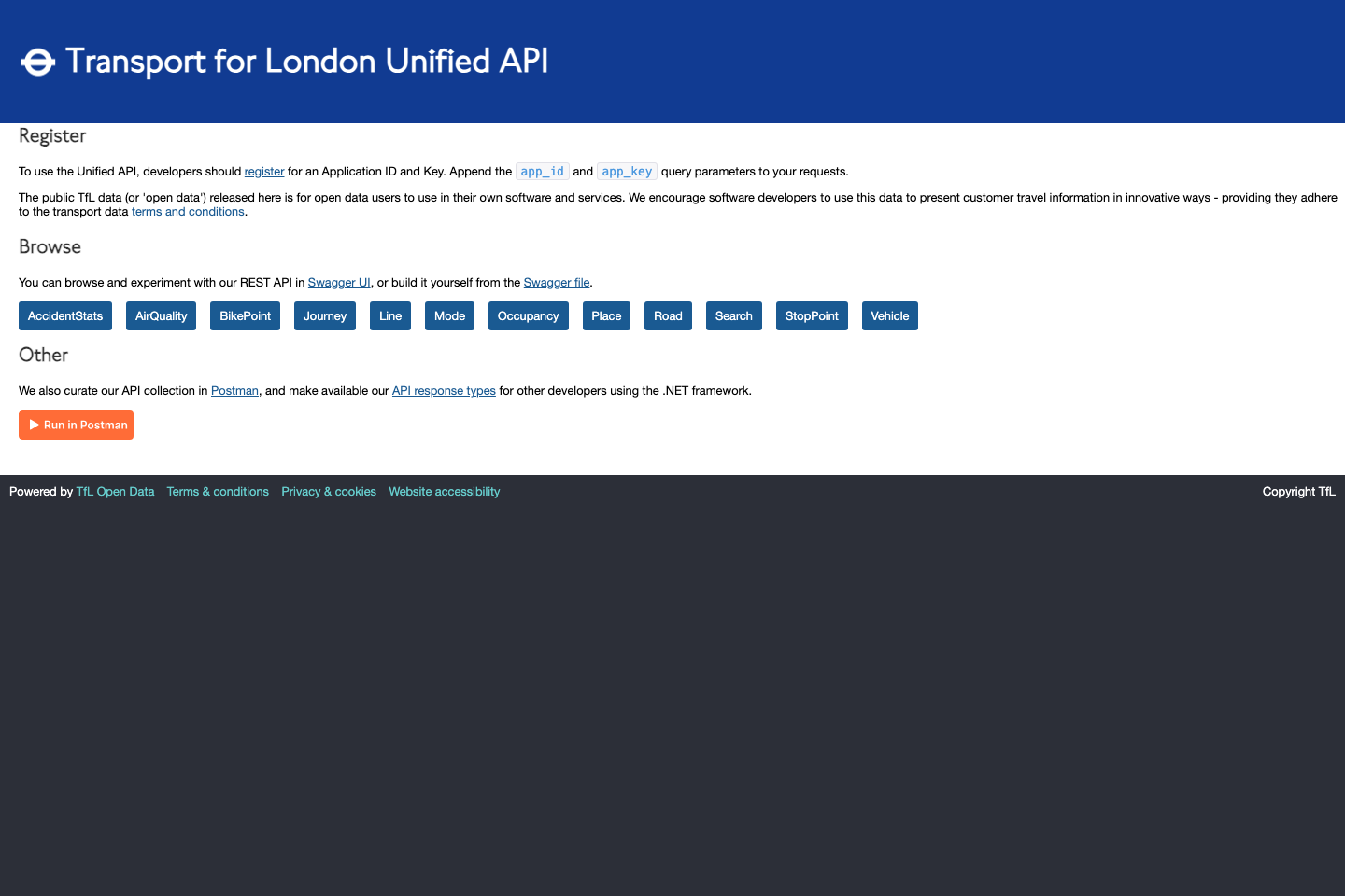 Transport for London, England documentation page