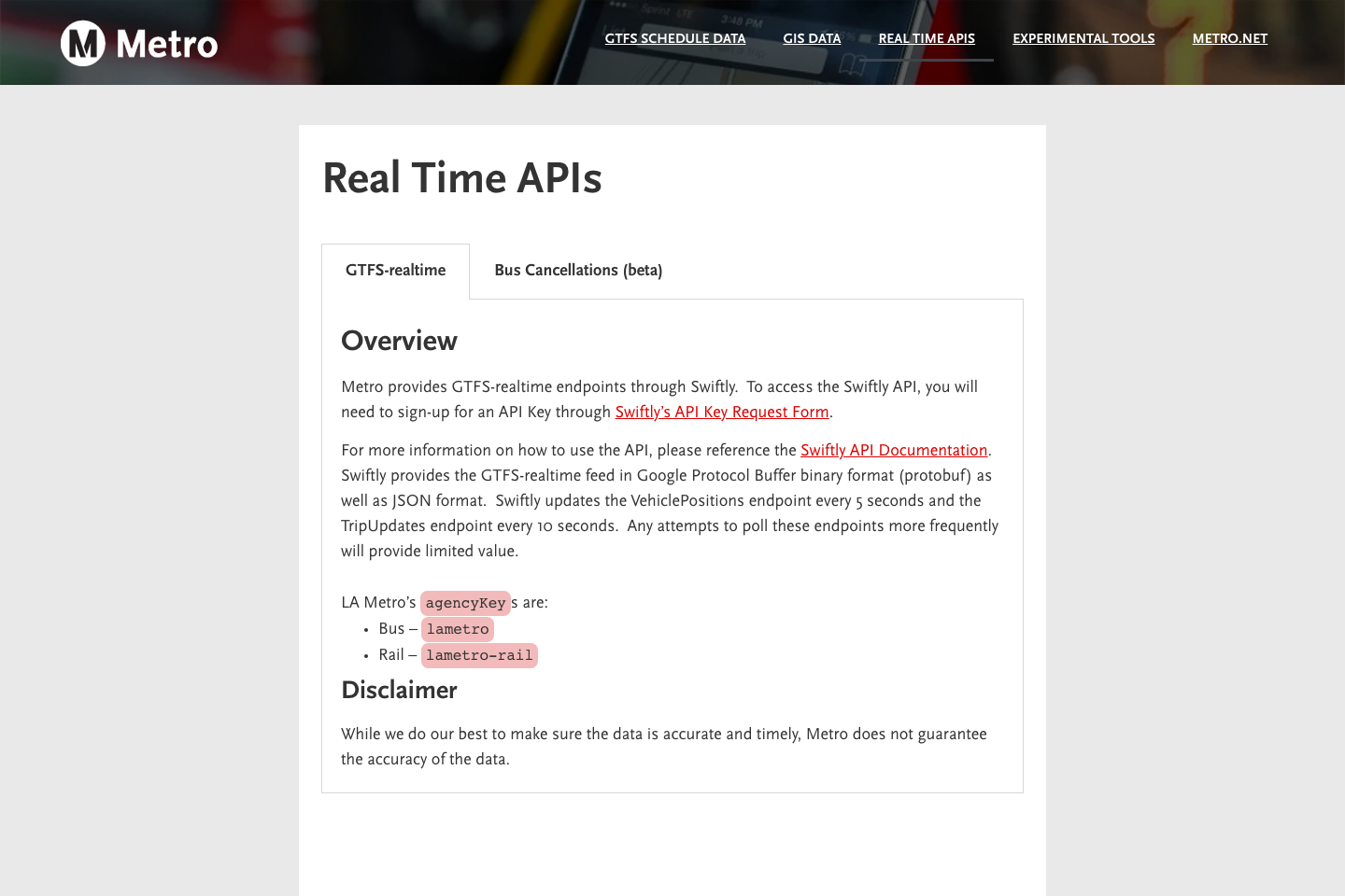 Transport for Los Angeles, US documentation page