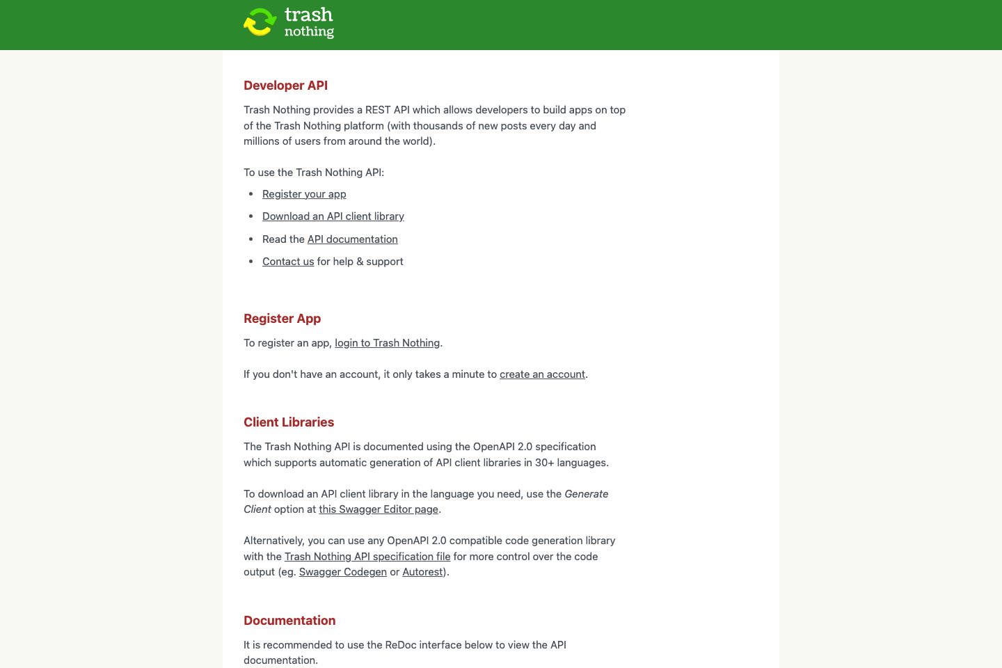 Trash Nothing documentation page