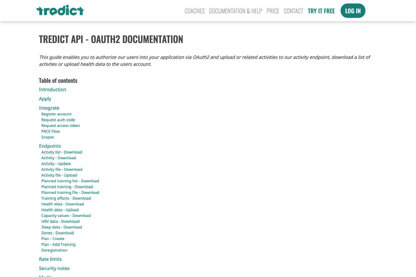 Tredict documentation page