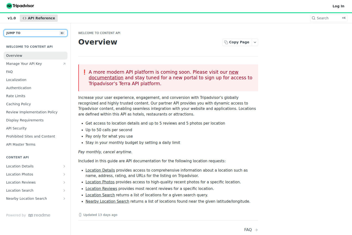 TripAdvisor Content API documentation page