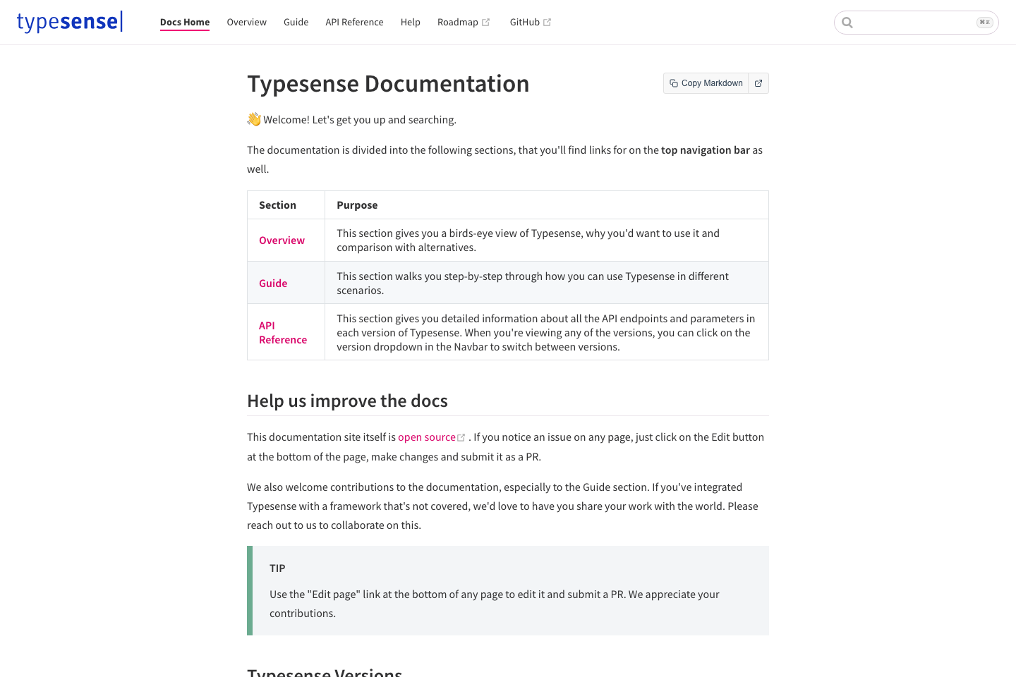 Typesense documentation page