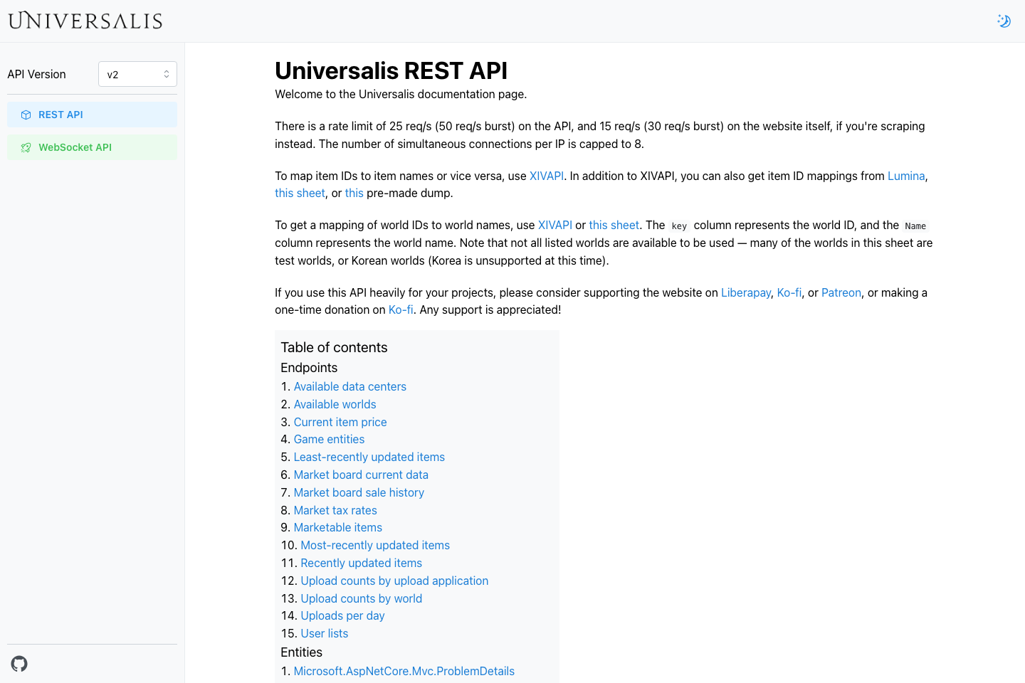 Universalis documentation page