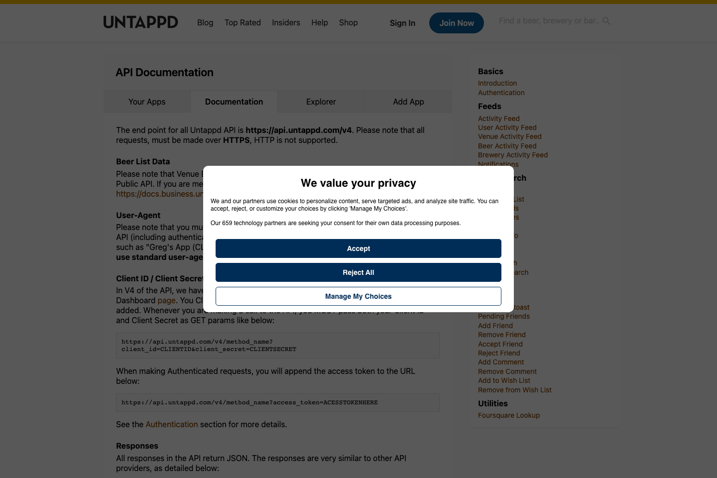 Untappd documentation page