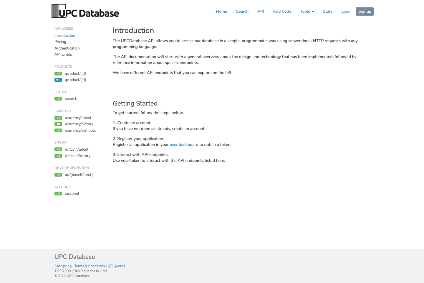 UPC database documentation page