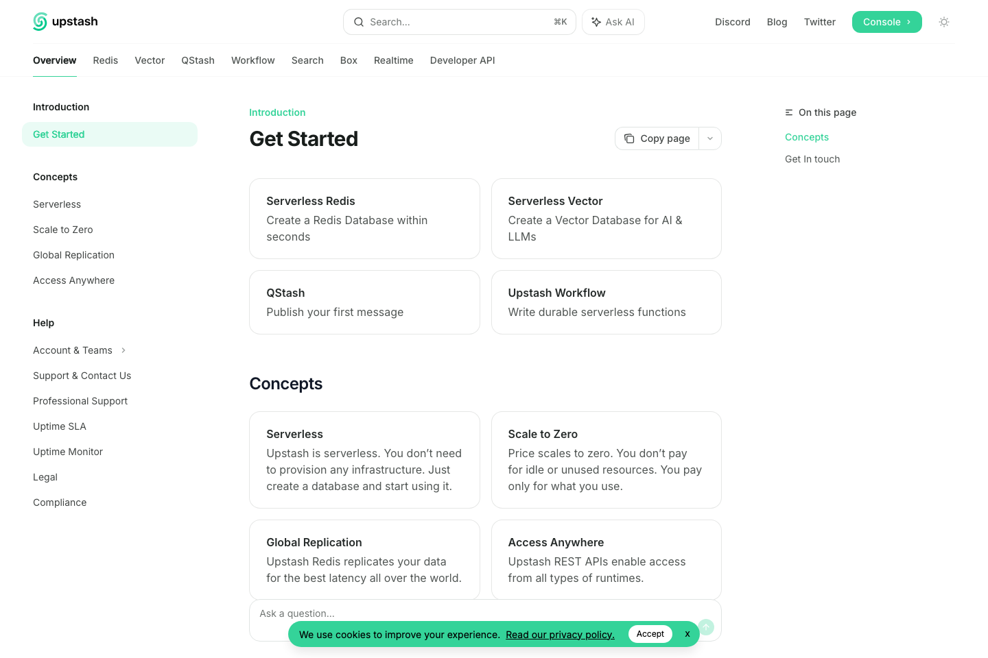 Upstash documentation page