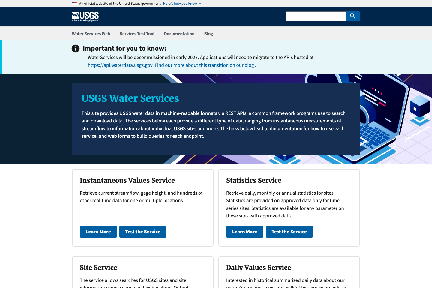 USGS Water Services documentation page
