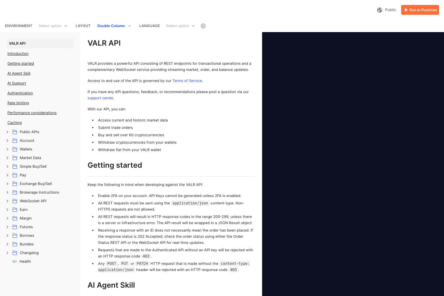 VALR documentation page