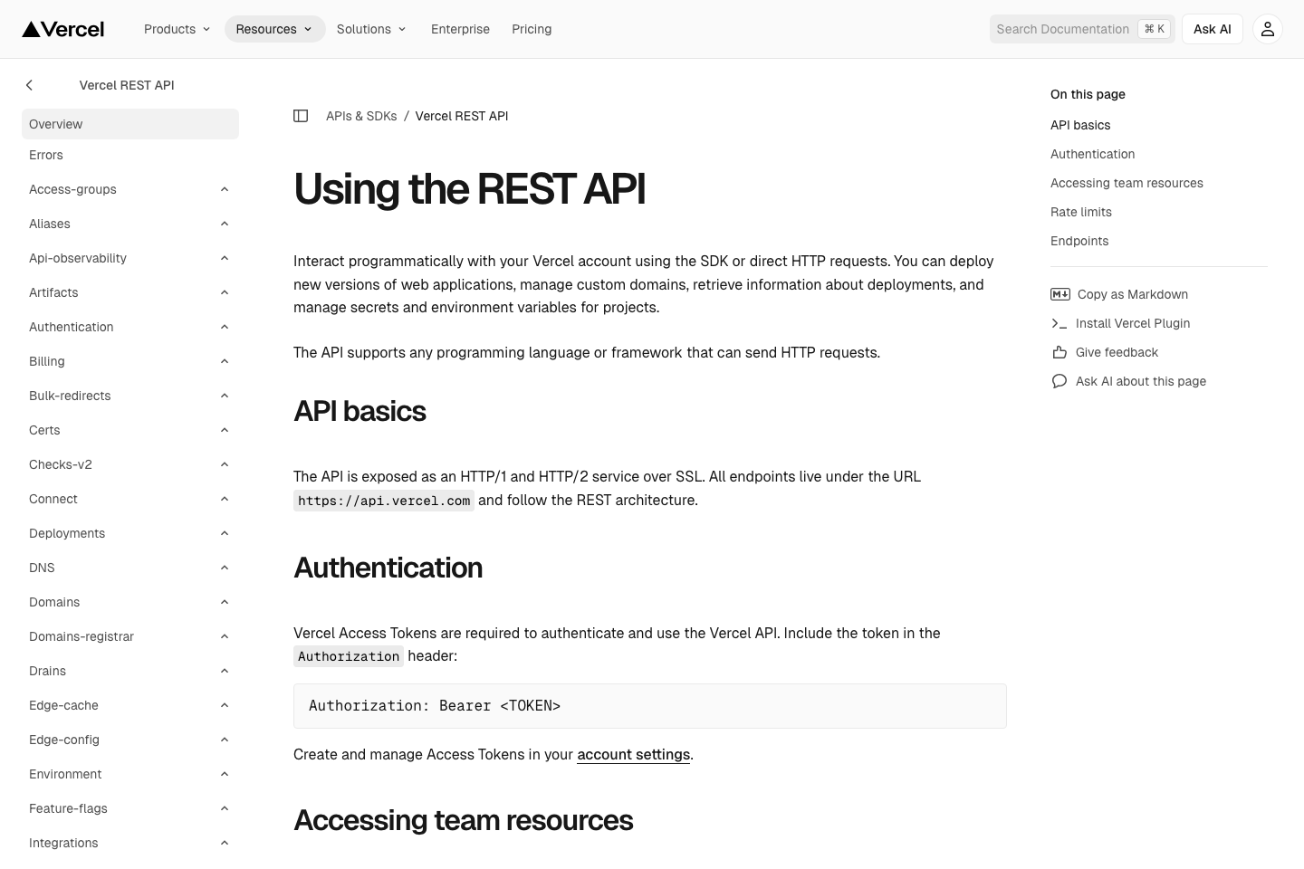 Vercel documentation page