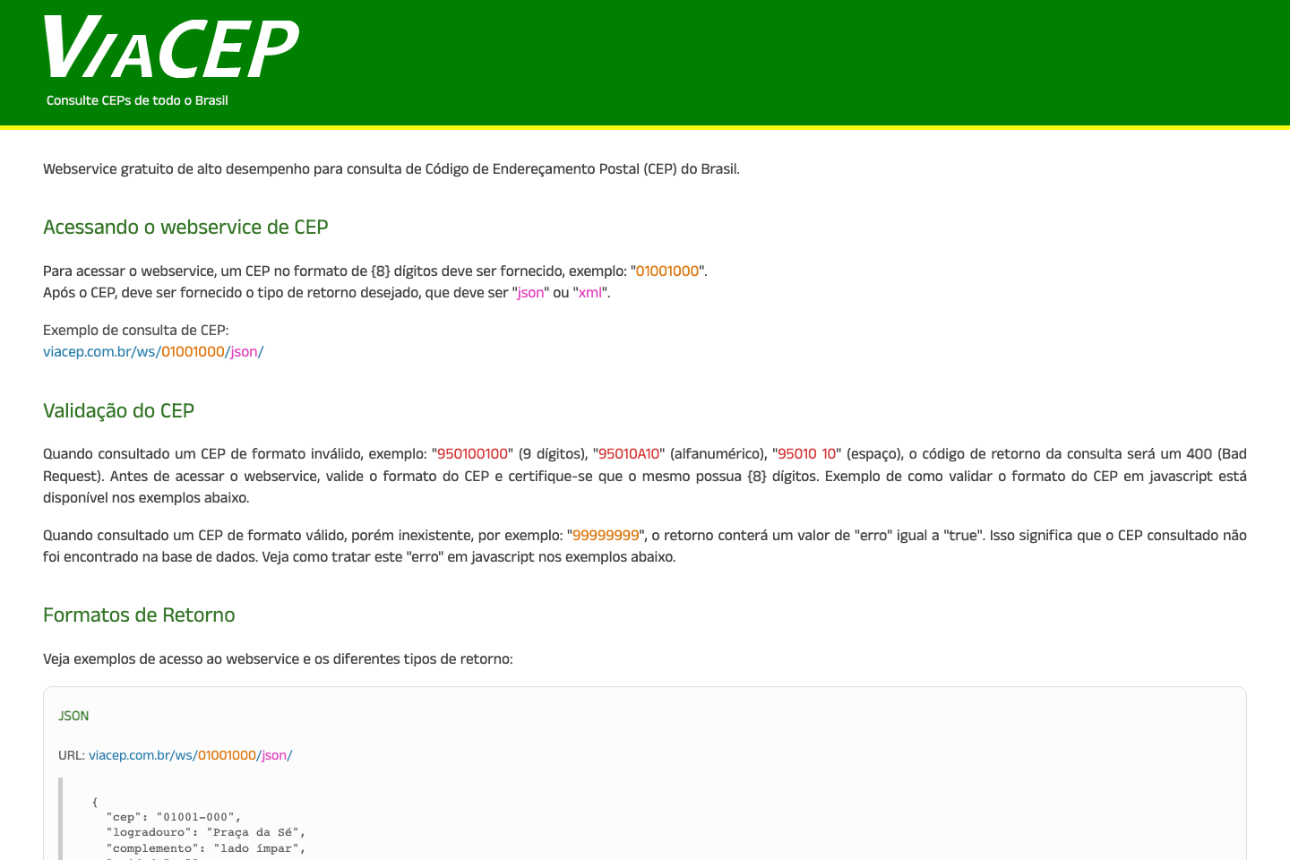 ViaCep documentation page