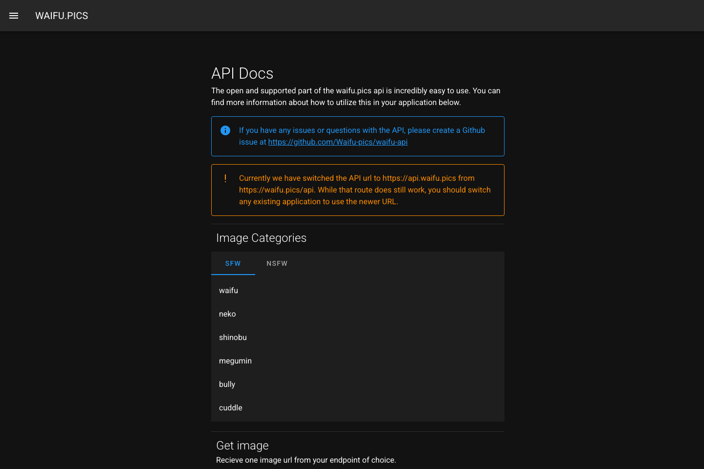 Waifu.pics documentation page