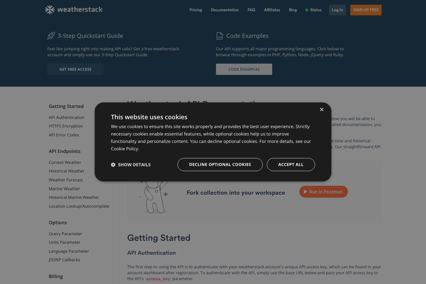 WeatherStack documentation page
