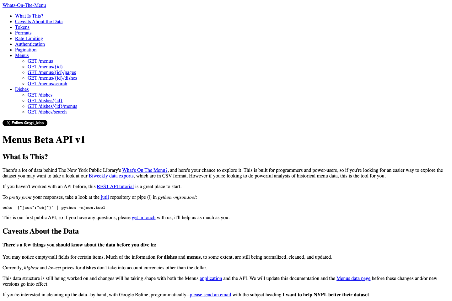 What's on the menu? documentation page