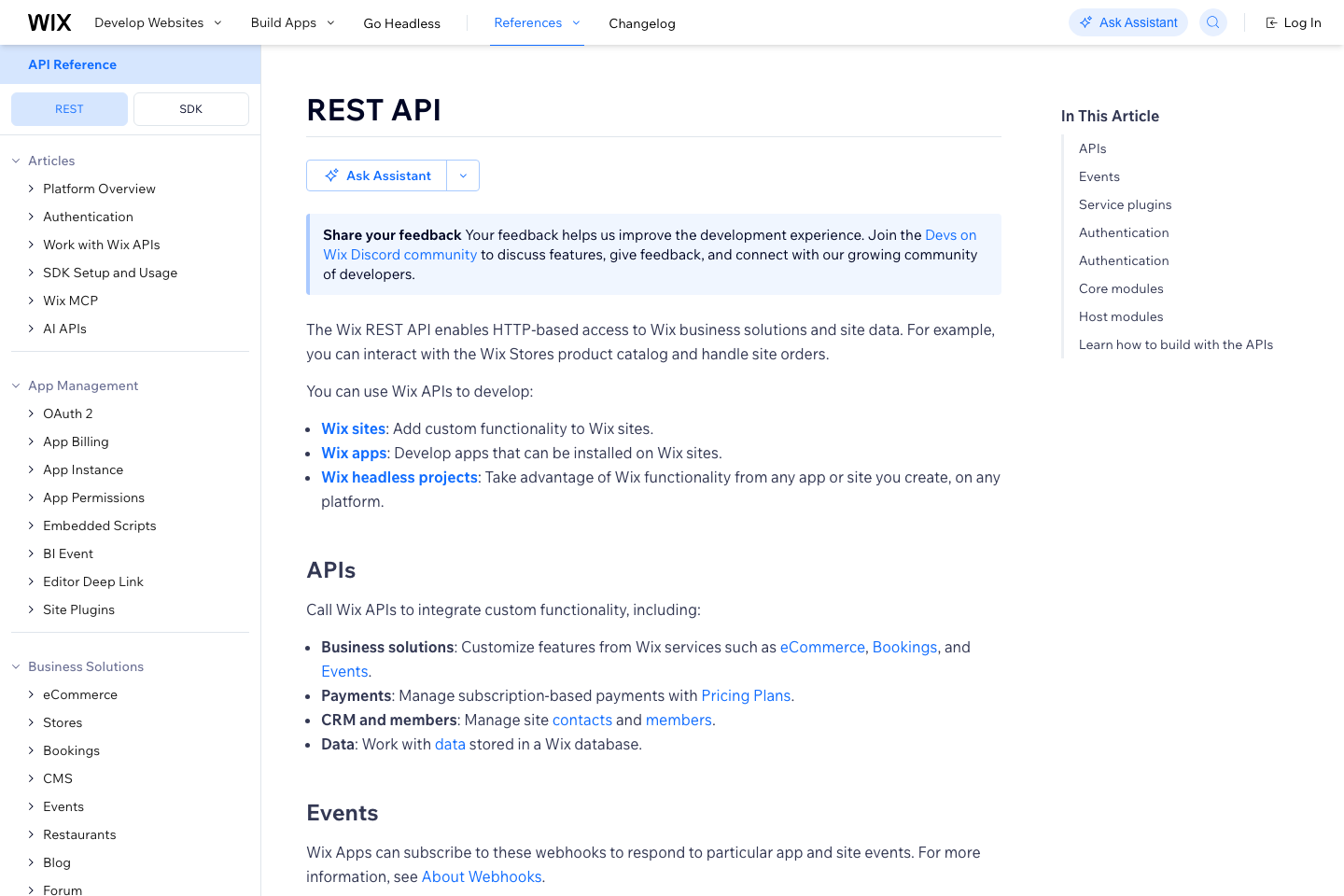 Wix REST API documentation page
