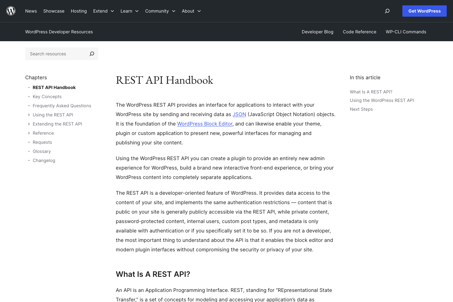 WordPress REST API documentation page