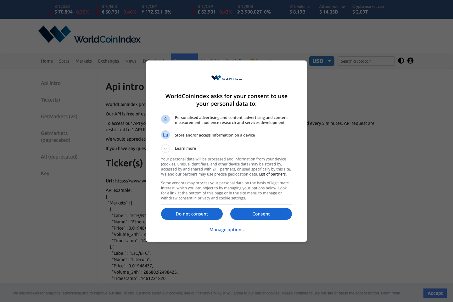 WorldCoinIndex documentation page