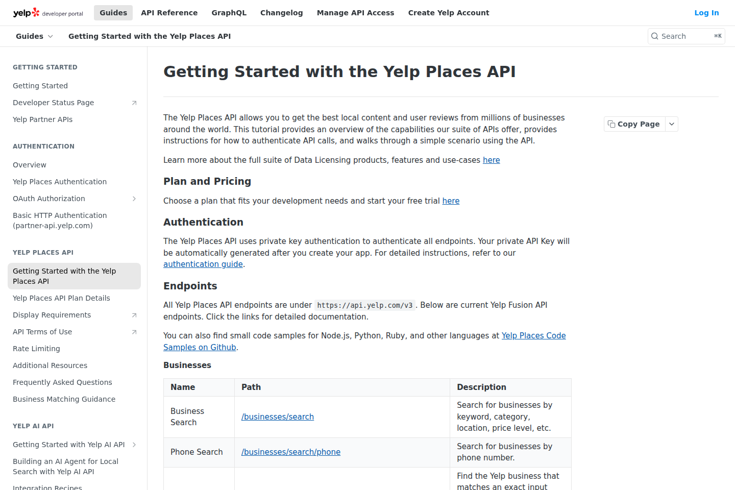 Yelp Fusion API documentation page