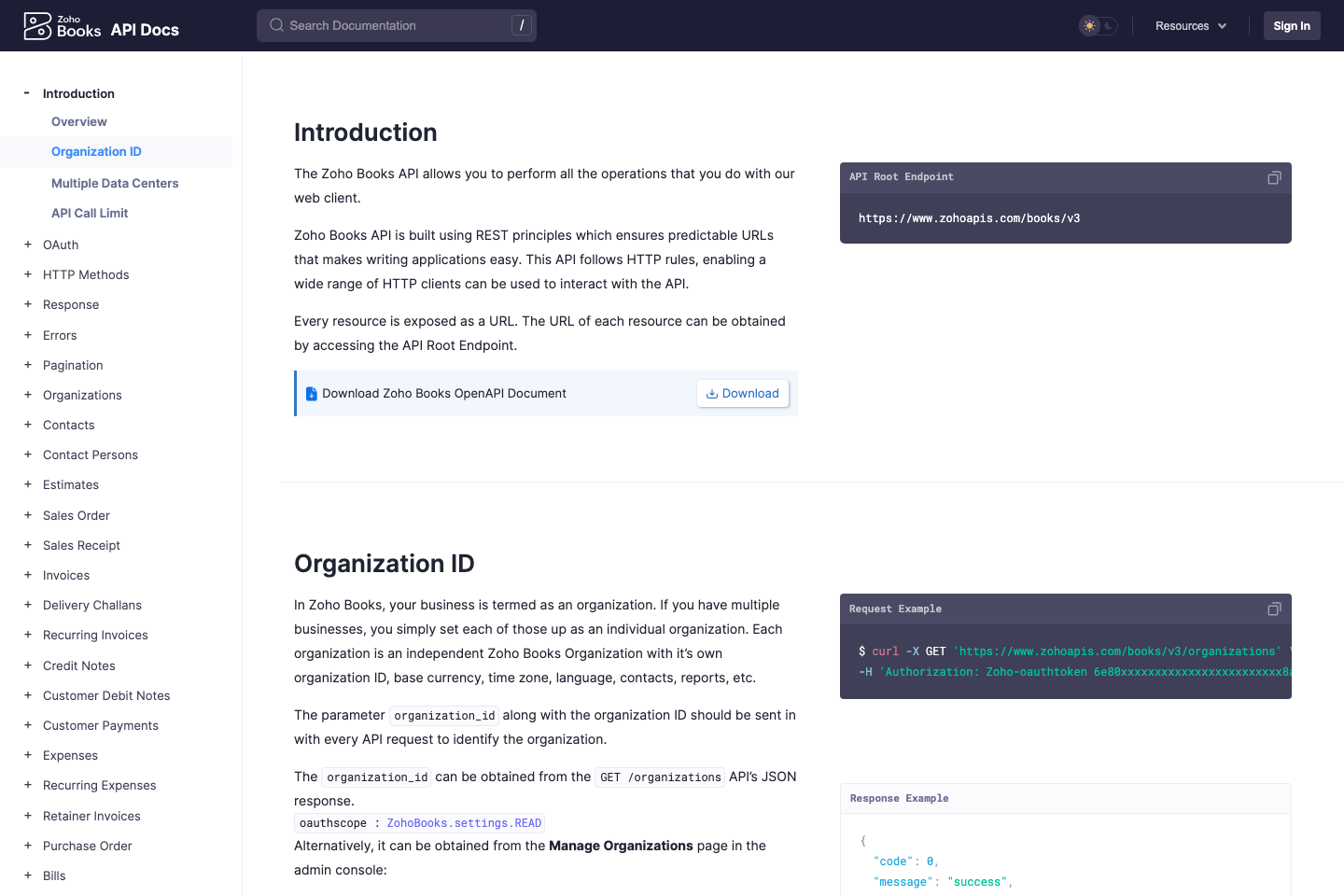 Zoho Books documentation page