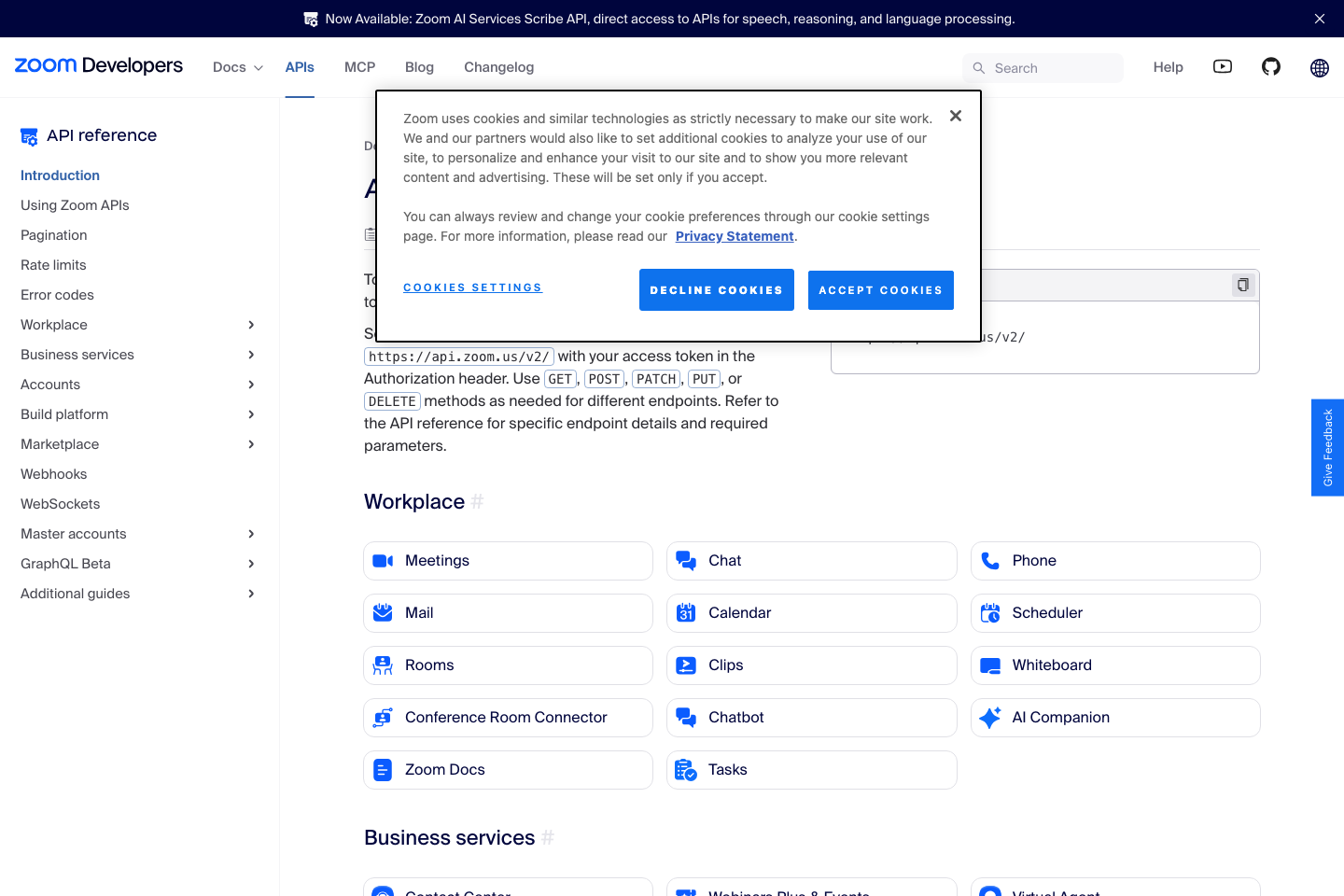 Zoom API documentation page